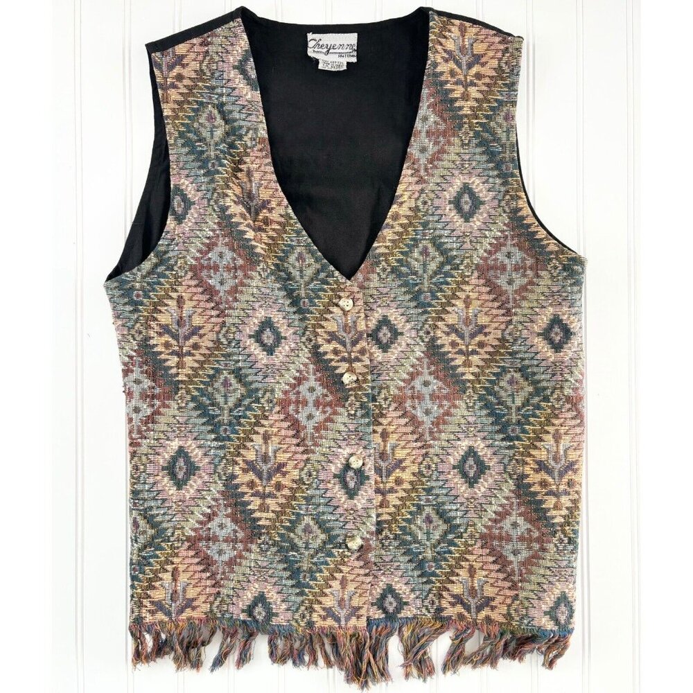 Vtg Cheyenne Autumn Button Vest (Size One Size) Southwestern Tapestry Fringe 90s